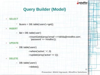 12
Query Builder (Model)
✔ SELECT
✔
$users = DB::table('users')->get();
✔ INSERT
✔ $id = DB::table('user')
->insertGetId(array('email' =>'nikhila@mindfire.com',
'password' => 'mindfire'));
✔ UPDATE
✔ DB::table('users')
->where('active', '=', 0)
->update(array('active' => 1));
✔ DELETE
✔ DB::table('users')
->delete();
Presenter: Nikhil Agrawal, Mindfire Solutions
 