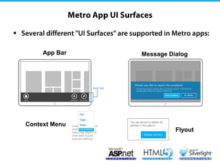 

         App Bar   Message Dialog




    Context Menu
                             Flyout
 