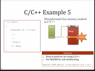 C/C++ Example 5
Misunderstand free memory method
in C/C++

void main()
{

Stack
Classname *A = new A();

NULL
Heap

...

A

...

LEAK!

//free A
A = NULL;
}




Solution
Keep in mind we are using C/C++
Use MACRO for safe deallocating

#define SAFE_DEL(a) {if(a){delele a;a =163
0;}}

 