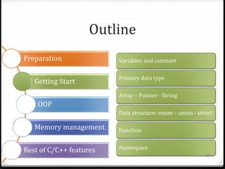 Outline
Preparation
Getting Start

Variables and constant
Primary data type
Array – Pointer - String

OOP
Data structure: enum – union - struct

Memory management

Rest of C/C++ features

Function
Namespace
25

 