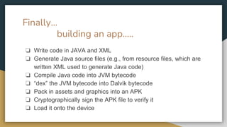 Finally…
building an app…..
❏ Write code in JAVA and XML
❏ Generate Java source files (e.g., from resource files, which are
written XML used to generate Java code)
❏ Compile Java code into JVM bytecode
❏ “dex” the JVM bytecode into Dalvik bytecode
❏ Pack in assets and graphics into an APK
❏ Cryptographically sign the APK file to verify it
❏ Load it onto the device
 