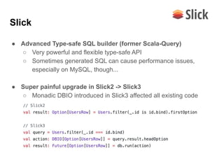 Slick
● Advanced Type-safe SQL builder (former Scala-Query)
○ Very powerful and flexible type-safe API
○ Sometimes generated SQL can cause performance issues,
especially on MySQL, though...
● Super painful upgrade in Slick2 -> Slick3
○ Monadic DBIO introduced in Slick3 affected all existing code
 