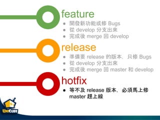 feature
● 開發新功能或修 Bugs
● 從 develop 分支出來
● 完成後 merge 回 develop
release
● 準備要 release 的版本，只修 Bugs
● 從 develop 分支出來
● 完成後 merge 回 master 和 develop
hotfix
● 等不及 release 版本，必須馬上修
master 趕上線
 