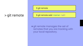$ git remote
> git remote $ git remote add <name> <url>
★git remote manages the set of
remotes that you are tracking with
your local repository.
 