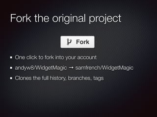 Fork the original project
One click to fork into your account
andyw8/WidgetMagic → samfrench/WidgetMagic
Clones the full history, branches, tags
 
