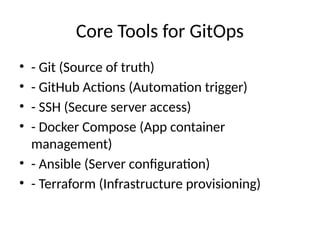 Core Tools for GitOps
• - Git (Source of truth)
• - GitHub Actions (Automation trigger)
• - SSH (Secure server access)
• - Docker Compose (App container
management)
• - Ansible (Server configuration)
• - Terraform (Infrastructure provisioning)
 