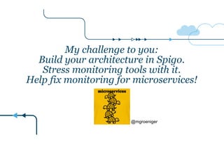 My challenge to you:
Build your architecture in Spigo.
Stress monitoring tools with it.
Help fix monitoring for microservices!
!
@mgroeniger
 
