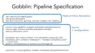 Gobblin: Pipeline Specification
job.name=PullFromWikipedia	
job.group=Wikipedia	
job.description=A	getting	started	example	for	Gobblin	
source.class=gobblin.example.wikipedia.WikipediaSource	
source.page.titles=LinkedIn,Wikipedia:Sandbox	
source.revisions.cnt=5	
wikipedia.api.rooturl=https://en.wikipedia.org/w/api.php	
wikipedia.avro.schema={"namespace":	“example.wikipedia.avro”	
,…"null"]}]}	
gobblin.wikipediaSource.maxRevisionsPerPage=10	
converter.classes=gobblin.example.wikipedia.WikipediaConverter	
Pipeline Name, Description
Source
+ configuration
 