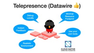 Telepresence (Datawire 👍)
Debug
Locally
Instant
Feedback
Realistic
Environment
Minimal
Resource
Footprint
Use your
own tools
 