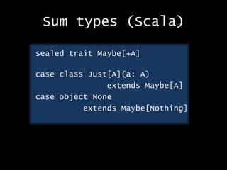 Sum types (Scala)
sealed trait Maybe[+A]
case class Just[A](a: A)
extends Maybe[A]
case object None
extends Maybe[Nothing]
 