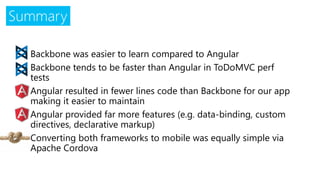 Summary 
•Backbone was easier to learn compared to Angular 
•Backbone tends to be faster than Angular in ToDoMVCperftests 
•Angular resulted in fewer lines code than Backbone for our app making it easier to maintain 
•Angular provided far more features (e.g. data-binding, custom directives, declarative markup) 
•Converting both frameworks to mobile was equally simple via Apache Cordova  