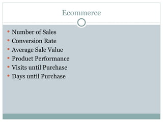 Ecommerce Number of Sales Conversion Rate Average Sale Value Product Performance Visits until Purchase Days until Purchase 