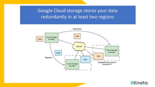 Improved Performance
Google Cloud storage stores your data
redundantly in at least two regions
 