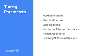 Tuning
Parameters
- Number of shards
- Sharding Function
- Load Balancing
- Recreating Actors on new nodes
- Remember-Entities?
- Resolving Split-Brain Situations
@aseychell
 