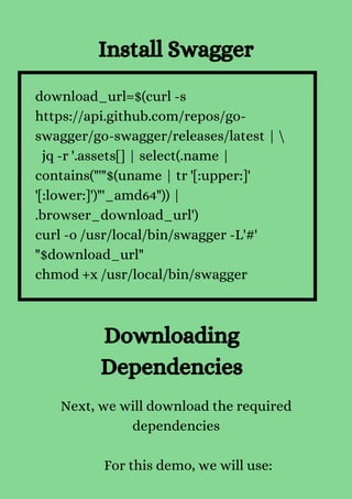 Install Swagger
download_url=$(curl -s
https://api.github.com/repos/go-
swagger/go-swagger/releases/latest | 
jq -r '.assets[] | select(.name |
contains("'"$(uname | tr '[:upper:]'
'[:lower:]')"'_amd64")) |
.browser_download_url')
curl -o /usr/local/bin/swagger -L'#'
"$download_url"
chmod +x /usr/local/bin/swagger
Downloading
Dependencies
Next, we will download the required
dependencies


For this demo, we will use:
 