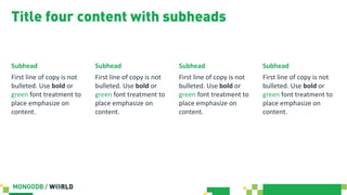 Title four content with subheads
Subhead
First line of copy is not
bulleted. Use bold or
green font treatment to
place emphasize on
content.
Subhead
First line of copy is not
bulleted. Use bold or
green font treatment to
place emphasize on
content.
Subhead
First line of copy is not
bulleted. Use bold or
green font treatment to
place emphasize on
content.
Subhead
First line of copy is not
bulleted. Use bold or
green font treatment to
place emphasize on
content.
 