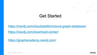 Neo4j, Inc. All rights reserved 2023
Get Started
https://neo4j.com/cloud/platform/aura-graph-database/
https://neo4j.com/download-center/
https://graphacademy.neo4j.com/
 