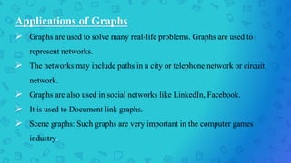 Applications of Graphs
 Graphs are used to solve many real-life problems. Graphs are used to
represent networks.
 The networks may include paths in a city or telephone network or circuit
network.
 Graphs are also used in social networks like LinkedIn, Facebook.
 It is used to Document link graphs.
 Scene graphs: Such graphs are very important in the computer games
industry.
 