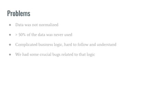 Problems
● Data was not normalized
● > 50% of the data was never used
● Complicated business logic, hard to follow and understand
● We had some crucial bugs related to that logic
 