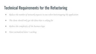 Technical Requirements for the Refactoring
● Reduce the number of network requests to one when bootstrapping the application
● The client should only get the data that is asking for
● Reduce the complexity of the business logic
● Have normalized data + caching
 