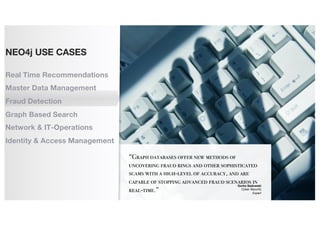 “Graph databases offer new methods of
uncovering fraud rings and other sophisticated
scams with a high-level of accuracy, and are
capable of stopping advanced fraud scenarios in
real-time.”
Gorka Sadowski
Cyber Security
Expert
NEO4j USE CASES
Real Time Recommendations
Master Data Management
Fraud Detection
Graph Based Search
Network & IT-Operations
Identity & Access Management
 