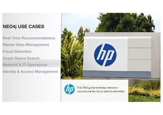 Uses Neo4j for network topology
analysis for big telco service providers
NEO4j USE CASES
Real Time Recommendations
Master Data Management
Fraud Detection
Graph Based Search
Network & IT-Operations
Identity & Access Management
 