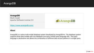 ArangoDB
ArangoDB
https://www.arangodb.com/
About
ArangoDB is a native multi-model database system developed by ArangoDB Inc. The database system
supports three data models with one database core and a unified query language AQL. The query
language is declarative and allows the combination of different data access patterns in a single query.
 