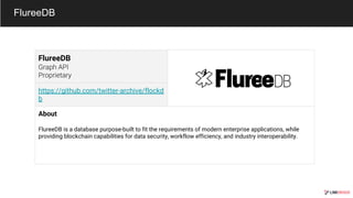FlureeDB
FlureeDB
https://github.com/twitter-archive/flockd
b
About
FlureeDB is a database purpose-built to fit the requirements of modern enterprise applications, while
providing blockchain capabilities for data security, workflow efficiency, and industry interoperability.
 