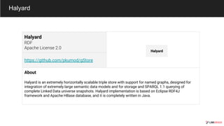 Halyard
https://github.com/pkumod/gStore
About
Halyard is an extremely horizontally scalable triple store with support for named graphs, designed for
integration of extremely large semantic data models and for storage and SPARQL 1.1 querying of
complete Linked Data universe snapshots. Halyard implementation is based on Eclipse RDF4J
framework and Apache HBase database, and it is completely written in Java.
Halyard
 