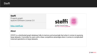 Steffi
http://steffi.io/
About
STEFFI is a distributed graph database fully in-memory and amazingly fast when it comes to querying
large datasets. It provides its users with a clear competitive advantage when it comes to complicated
traversal operations on large datasets.
Steffi
 