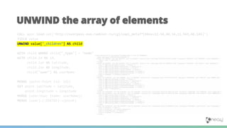 UNWIND the array of elements
CALL apoc.load.xml('http://overpass.osm.rambler.ru/cgi/xapi_meta?*[bbox=11.54,48.14,11.543,48.145]')
YIELD value
UNWIND value["_children"] AS child
WITH child WHERE child["_type"] = "node"
WITH child.id AS id,
child.lat AS latitude,
child.lon AS longitude,
child["user"] AS userName
MERGE (point:Point {id: id})
SET point.latitude = latitude,
point.longitude = longitude
MERGE (user:User {name: userName})
MERGE (user)-[:EDITED]->(point)
 