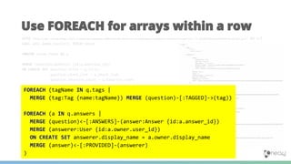 WITH "https://api.stackexchange.com/2.2/questions?pagesize=100&order=desc&sort=creation&tagged=neo4j&site=stackoverflow&filter=!5-i6Zw8Y)4W7vpy91PMYsKM-k9yzEsSC1_Uxlf" AS url
CALL apoc.load.json(url) YIELD value
UNWIND value.items AS q
MERGE (question:Question {id:q.question_id})
ON CREATE SET question.title = q.title,
question.share_link = q.share_link,
question.favorite_count = q.favorite_count
MERGE (owner:User {id:q.owner.user_id})
ON CREATE SET owner.display_name = q.owner.display_name
MERGE (owner)-[:ASKED]->(question)
FOREACH (tagName IN q.tags |
MERGE (tag:Tag {name:tagName}) MERGE (question)-[:TAGGED]->(tag))
FOREACH (a IN q.answers |
MERGE (question)<-[:ANSWERS]-(answer:Answer {id:a.answer_id})
MERGE (answerer:User {id:a.owner.user_id})
ON CREATE SET answerer.display_name = a.owner.display_name
MERGE (answer)<-[:PROVIDED]-(answerer)
)
Use FOREACH for arrays within a row
FOREACH (tagName IN q.tags |
MERGE (tag:Tag {name:tagName}) MERGE (question)-[:TAGGED]->(tag))
FOREACH (a IN q.answers |
MERGE (question)<-[:ANSWERS]-(answer:Answer {id:a.answer_id})
MERGE (answerer:User {id:a.owner.user_id})
ON CREATE SET answerer.display_name = a.owner.display_name
MERGE (answer)<-[:PROVIDED]-(answerer)
)
 
