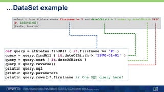 Overcoming groovy.sql.DataSet limitations
29
def DLL_WITH_VIEW = '''
DROP TABLE Athlete IF EXISTS;
CREATE TABLE Athlete (
athleteId INTEGER GENERATED BY DEFAULT AS IDENTITY,
firstname VARCHAR(64),
lastname VARCHAR(64),
dateOfBirth DATE
);
DROP INDEX idx IF EXISTS;
CREATE INDEX idx ON Athlete (athleteId);
DROP TABLE Run IF EXISTS;
CREATE TABLE Run (
runId INTEGER GENERATED BY DEFAULT AS IDENTITY,
distance INTEGER, -- in meters
time INTEGER, -- in seconds
venue VARCHAR(64),
when TIMESTAMP,
fkAthlete INTEGER,
CONSTRAINT fk FOREIGN KEY (fkAthlete)
REFERENCES Athlete (athleteId) ON DELETE CASCADE
);
DROP VIEW AthleteRun IF EXISTS;
CREATE VIEW AthleteRun AS
SELECT * FROM Athlete LEFT OUTER JOIN Run
ON fkAthlete=athleteId;
'''
db.execute DLL_WITH_VIEW
 