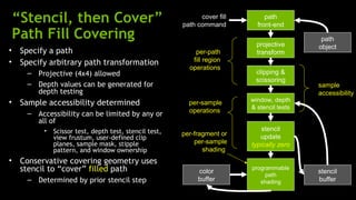 “Stencil, then Cover”                                      cover fill
                                                         path command
                                                                                 path
                                                                              front-end
    Path Fill Covering                                                                         path
                                                                              projective      object
•    Specify a path                                          per-path         transform
•    Specify arbitrary path transformation                  fill region
                                                           operations
      – Projective (4x4) allowed                                             clipping &
                                                                             scissoring
      – Depth values can be generated for                                                     sample
        depth testing                                                                         accessibility
•                                                                           window, depth
     Sample accessibility determined                       per-sample
                                                                            & stencil tests
      – Accessibility can be limited by any or             operations
        all of
           •   Scissor test, depth test, stencil test,                          stencil
                                                         per-fragment or       update
               view frustum, user-defined clip
               planes, sample mask, stipple                  per-sample     typically zero
               pattern, and window ownership                    shading
•    Conservative covering geometry uses
     stencil to “cover” filled path                           color
                                                                            programmable
                                                                                              stencil
                                                                                 path
      – Determined by prior stencil step                      buffer           shading        buffer
 