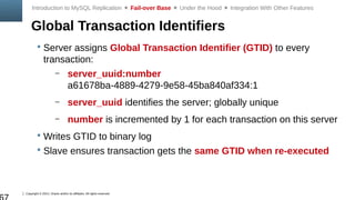 Copyright © 2014, Oracle and/or its affiliates. All rights reserved.
Global Transaction Identifiers
Introduction to MySQL Replication  Fail-over Base  Under the Hood  Integration With Other Features
 Server assigns Global Transaction Identifier (GTID) to every
transaction:
– server_uuid:number
a61678ba-4889-4279-9e58-45ba840af334:1
– server_uuid identifies the server; globally unique
– number is incremented by 1 for each transaction on this server
 Writes GTID to binary log
 Slave ensures transaction gets the same GTID when re-executed
 