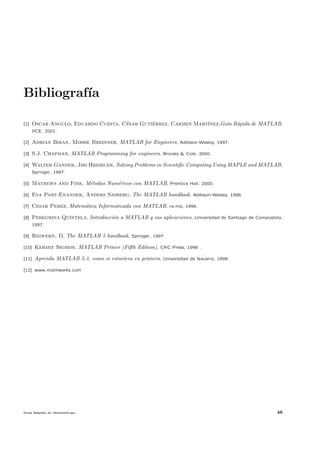 Bibliograf´
          ıa

[1]    Oscar Angulo, Eduardo Cuesta, Cesar Gutierrez, Carmen Mart´
                                      ´        ´                 ınez,Gu´ R´pida de MATLAB,
                                                                        ıa a
       IICE, 2001.

[2]    Adrian Biran, Moshe Breinner, MATLAB for Engineers, Addison-Wesley, 1997.

[3]    S.J. Chapman, MATLAB Programming for engineers, Brooks & Cole, 2000.

[4]    Walter Gander, Jiri Hrebicek, Solving Problems in Scientiﬁc Computing Using MAPLE and MATLAB,
       Springer, 1997.

[5]    Mathews and Fink, M´todos Num´ricos con MATLAB, Prentice Hall, 2000.
                          e         e

[6]    Eva Part-Enander, Anders Sjoberg, The MATLAB handbook, Addison-Wesley, 1996.

[7]    Cesar Perez, Matem´tica Informatizada con MATLAB, ra-ma, 1996.
                         a

[8]    Peregrina Quintela, Introducci´n a MATLAB y sus aplicaciones, Universidad de Santiago de Compostela,
                                     o
       1997.

[9]    Redfern, D, The MATLAB 5 handbook, Springer, 1997.

[10]    Kermit Sigmon, MATLAB Primer (Fifth Edition), CRC Press, 1998 .

[11]    Aprenda MATLAB 5.3, como si estuviera en primero, Universidad de Navarra, 1999.

[12] www.mathworks.com




Gu´ R´pida de Matlabdvips .
  ıa a                                                                                                  46
 