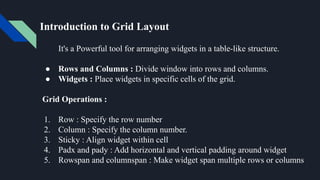 Introduction to Grid Layout
It's a Powerful tool for arranging widgets in a table-like structure.
● Rows and Columns : Divide window into rows and columns.
● Widgets : Place widgets in specific cells of the grid.
Grid Operations :
1. Row : Specify the row number
2. Column : Specify the column number.
3. Sticky : Align widget within cell
4. Padx and pady : Add horizontal and vertical padding around widget
5. Rowspan and columnspan : Make widget span multiple rows or columns
 