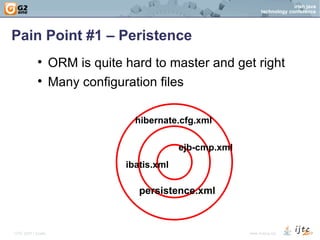 Pain Point #1 – Peristence ORM is quite hard to master and get right Many configuration files ibatis.xml hibernate.cfg.xml persistence.xml ejb-cmp.xml 
