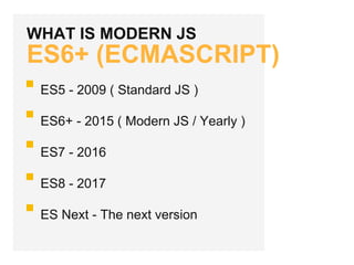 WHAT IS MODERN JS
ES6+ (ECMASCRIPT)
ES5 - 2009 ( Standard JS )
ES6+ - 2015 ( Modern JS / Yearly )
ES7 - 2016
ES8 - 2017
ES Next - The next version
 