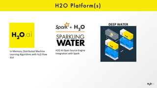 H2O Platform(s)
In-Memory,	Distributed	Machine	
Learning	Algorithms	with	H2O	Flow	
GUI
H2O	AI	Open	Source	Engine	
Integration	with	Spark
DEEP	WATER
 