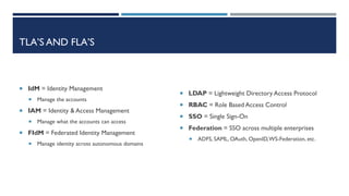 TLA’S AND FLA’S
 IdM = Identity Management
 Manage the accounts
 IAM = Identity & Access Management
 Manage what the accounts can access
 FIdM = Federated Identity Management
 Manage identity across autonomous domains
 LDAP = Lightweight Directory Access Protocol
 RBAC = Role Based Access Control
 SSO = Single Sign-On
 Federation = SSO across multiple enterprises
 ADFS, SAML, OAuth, OpenID,WS-Federation, etc.
 