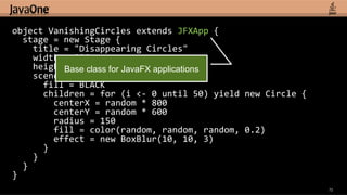 object	
  VanishingCircles	
  extends	
  JFXApp	
  {	
  
	
  	
  stage	
  =	
  new	
  Stage	
  {	
  
	
  	
  	
  	
  title	
  =	
  "Disappearing	
  Circles"	
  
	
  	
  	
  	
  width	
  =	
  800	
  
	
  	
  	
  	
  height	
  =	
  600	
   for JavaFX applications
                                  Base class
	
  	
  	
  	
  scene	
  =	
  new	
  Scene	
  {	
  
	
  	
  	
  	
  	
  	
  fill	
  =	
  BLACK	
  
	
  	
  	
  	
  	
  	
  children	
  =	
  for	
  (i	
  <-­‐	
  0	
  until	
  50)	
  yield	
  new	
  Circle	
  {	
  
	
  	
  	
  	
  	
  	
  	
  	
  centerX	
  =	
  random	
  *	
  800	
  
	
  	
  	
  	
  	
  	
  	
  	
  centerY	
  =	
  random	
  *	
  600	
  
	
  	
  	
  	
  	
  	
  	
  	
  radius	
  =	
  150	
  
	
  	
  	
  	
  	
  	
  	
  	
  fill	
  =	
  color(random,	
  random,	
  random,	
  0.2)	
  
	
  	
  	
  	
  	
  	
  	
  	
  effect	
  =	
  new	
  BoxBlur(10,	
  10,	
  3)	
  
	
  	
  	
  	
  	
  	
  }	
  
	
  	
  	
  	
  }	
  
	
  	
  }	
  
}	
  
                                                                                                                     72
 