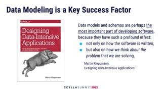 Data Modeling is a Key Success Factor
Data models and schemas are perhaps the
most important part of developing software,
because they have such a profound effect:
■ not only on how the software is written,
■ but also on how we think about the
problem that we are solving.
Martin Kleppmann,
Designing Data-Intensive Applications
 