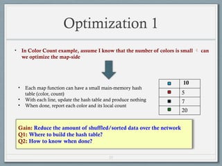 25
Optimization 1
• In Color Count example, assume I know that the number of colors is small  can
we optimize the map-side
• Each map function can have a small main-memory hash
table (color, count)
• With each line, update the hash table and produce nothing
• When done, report each color and its local count
10
5
7
20
Gain: Reduce the amount of shuffled/sorted data over the network
Q1: Where to build the hash table?
Q2: How to know when done?
 