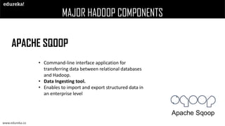 MAJOR HADOOP COMPONENTS
APACHE SQOOP
• Command-line interface application for
transferring data between relational databases
and Hadoop.
• Data Ingesting tool.
• Enables to import and export structured data in
an enterprise level
www.edureka.co
 