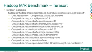25Pivotal Confidential–Internal Use Only
Hadoop M/R Benchmark – Terasort
 Terasort Example
hadoop jar hadoop-mapreduce/hadoop-mapreduce-examples-2.x.x.jar terasort 
– -Ddfs.replication=1 -Dmapreduce.task.io.sort.mb=500
– -Dmapreduce.map.sort.spill.percent=0.9
– -Dmapreduce.reduce.shuffle.parallelcopies=10
– -Dmapreduce.reduce.shuffle.memory.limit.percent=0.1
– -Dmapreduce.reduce.shuffle.input.buffer.percent=0.95
– -Dmapreduce.reduce.input.buffer.percent=0.95
– -Dmapreduce.reduce.shuffle.merge.percent=0.95
– -Dmapreduce.reduce.merge.inmem.threshold=0
– -Dmapreduce.job.speculative.speculativecap=0.05
– -Dmapreduce.map.speculative=false
– -Dmapreduce.reduce.speculative=false -Dmapreduce.job.jvm.numtasks=-1
 