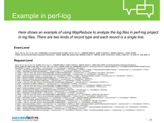 25 
Example in perf-log 
Here shows an example of using MapReduce to analyze the log files in perf-log project. 
In log files, There are two kinds of record type and each record is a single line. 
Event Level 
Request Level 
 