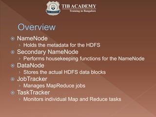  NameNode
› Holds the metadata for the HDFS
 Secondary NameNode
› Performs housekeeping functions for the NameNode
 DataNode
› Stores the actual HDFS data blocks
 JobTracker
› Manages MapReduce jobs
 TaskTracker
› Monitors individual Map and Reduce tasks
 