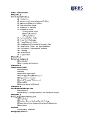 Outline for Dissertation
Chapter No. 1
Introduction to the Study
1.1. Introduction
1.2. Management Problem/ Research Problem
1.3. Statement of Research Problem
1.4. Objectives of the Study
1.5. Hypothesis of the Study
1.6. Scope of the Study
a) Geographical Scope
b) Conceptual Scope
c) Analytical Scope
1.7. Importance of the Study
1.8. Research methodology
1.8.1 Type of Research Design
1.8.2 Data Required- Primary and Secondary Data
1.8.3 Data Source- Primary and Secondary Data
1.8.4 Instruments- Questionnaire/ Schedule
1.8.5 Sampling
1.8.6 Data Analysis
1.9. Chapterisation
Chapter No.2
Conceptual Background
2.1 Introduction
2.2 Core concept with citations
Chapter No. 3
Organizational Profile
3.1 Introduction
3.2 History
3.3 Profile of Organization
3.4 Product portfolio/ Marketing Mix
3.5 Organizational Structure
3.6 Award/ Rewards/ Achievement
3.7 Future Plan
3.8 Financial Scenario (Optional)
Chapter No. 4
Data Analysis and Presentation
4.1 Introduction
4.2 Data Analysis Descriptive analysis and inferential analysis
Chapter No. 5
Finding, Suggestion and Conclusion
5.1 Introduction
5.2 Findings: General findings/ Specific Finding
5.3 Suggestions: General suggestions/ Specific Suggestion
5.4 Conclusion
Annexure
Questionnaire/ Schedules
Bibliography (APA style)
 