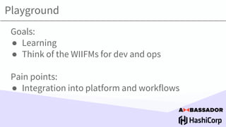 Playground
Goals:
● Learning
● Think of the WIIFMs for dev and ops
Pain points:
● Integration into platform and workflows
 